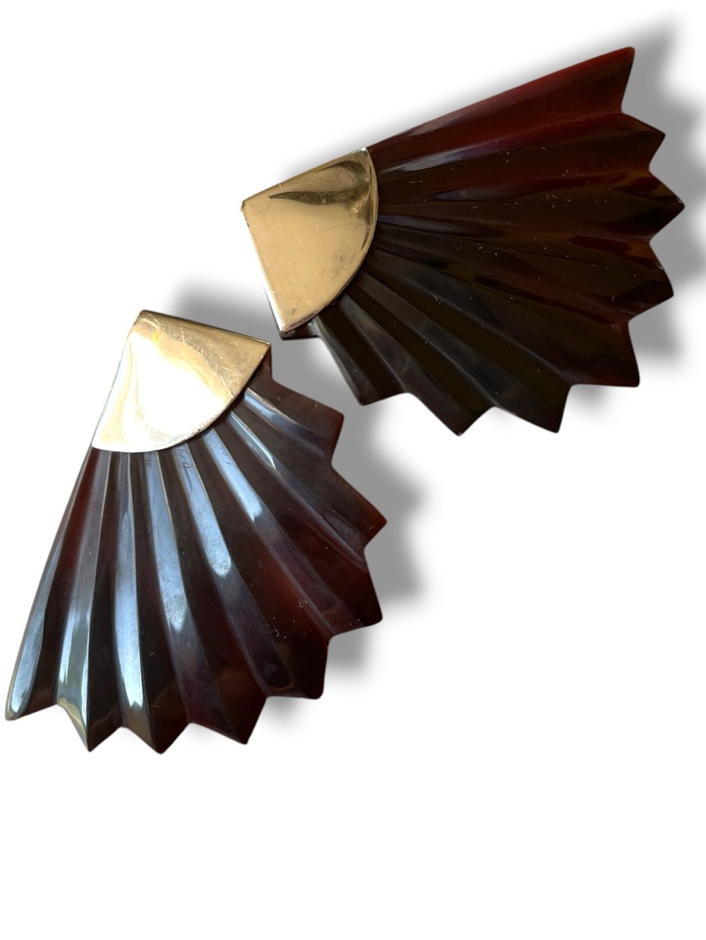 Art Deco revival earrings, black mother of pearl with silver plated tips, 1980s